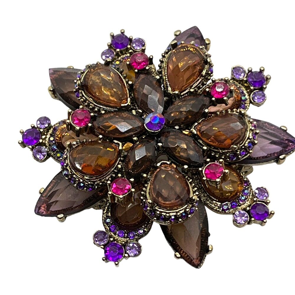 Statement Brooch Pin Root Beer Layered Flower Purple Brown Pink Gold Tone Retro